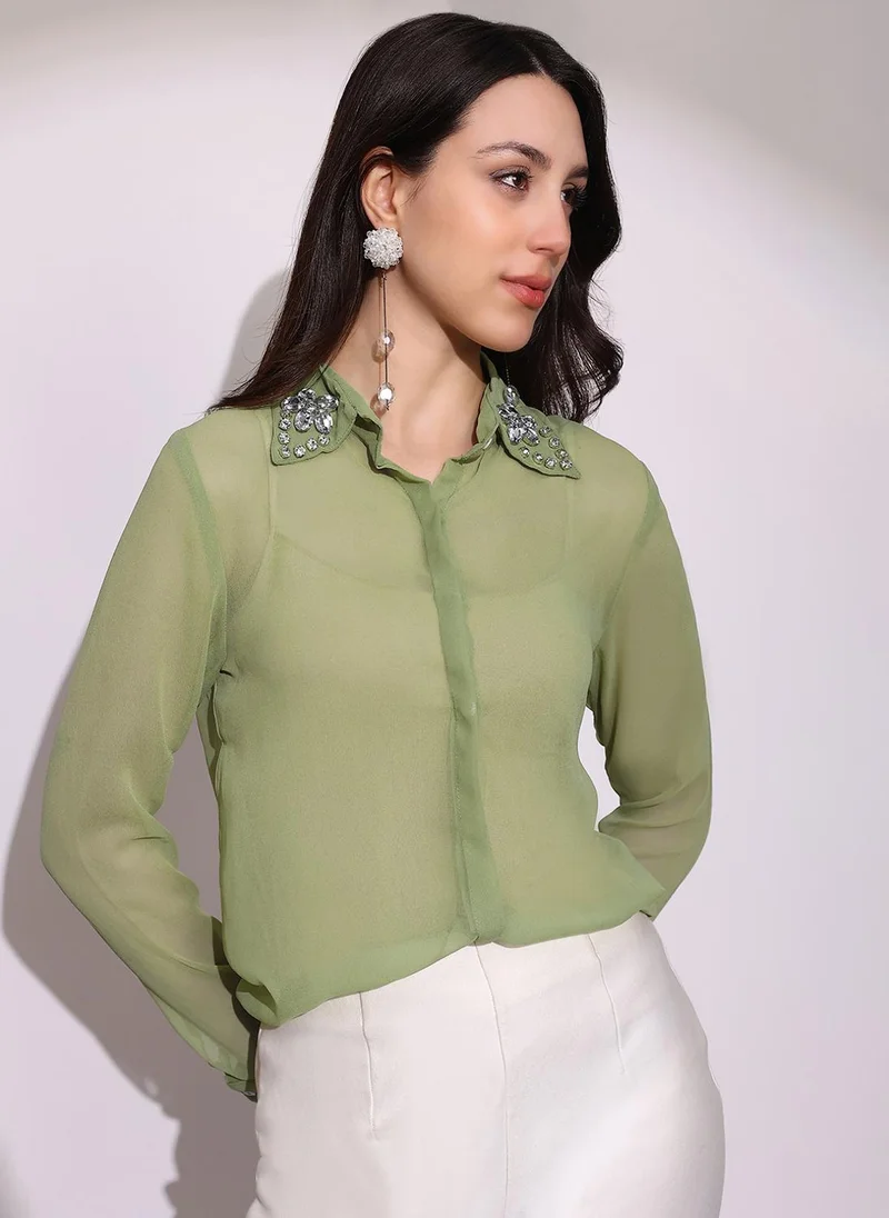 جلو باص Globus Women Green Embellished Collar Cuffed Sleeves Curved Hem Georgette Sheer Party Shirt